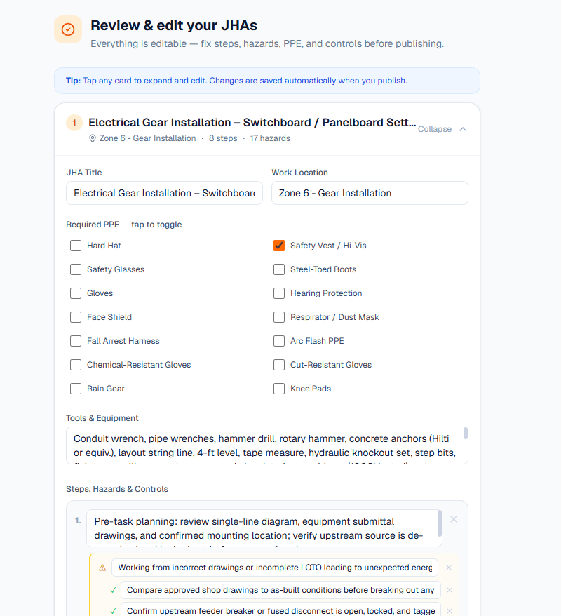 Generated JHA in ClearWorkers: electrical gear installation with PPE checklist, tools, steps, hazards, and controls — all editable