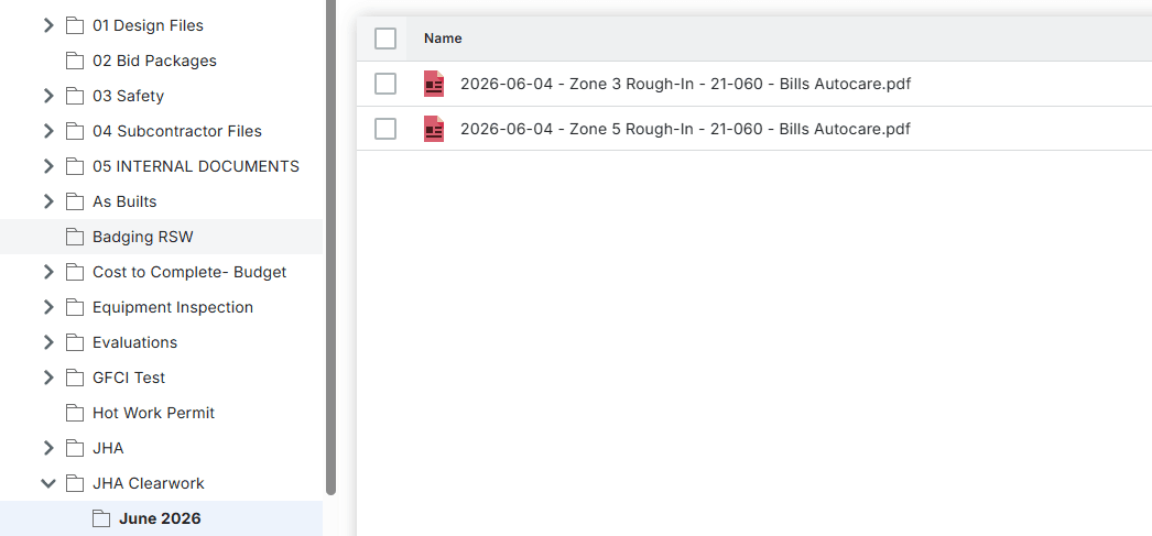 Procore documents view showing the JHA folder ClearWorkers pushes to, with dated, signed JHA PDFs filed by month